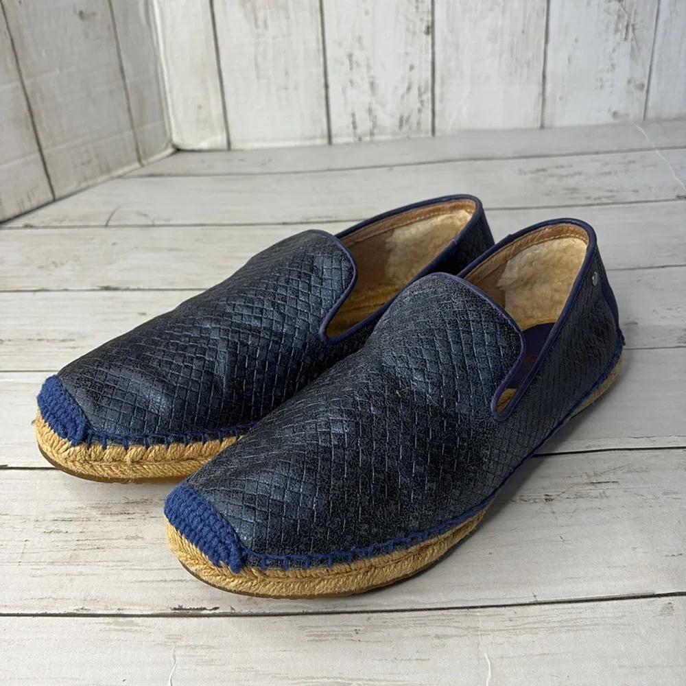 UGG SANDRINNE METALLIC LEATHER BASKET WEAVE BLUE ESPADRILLE